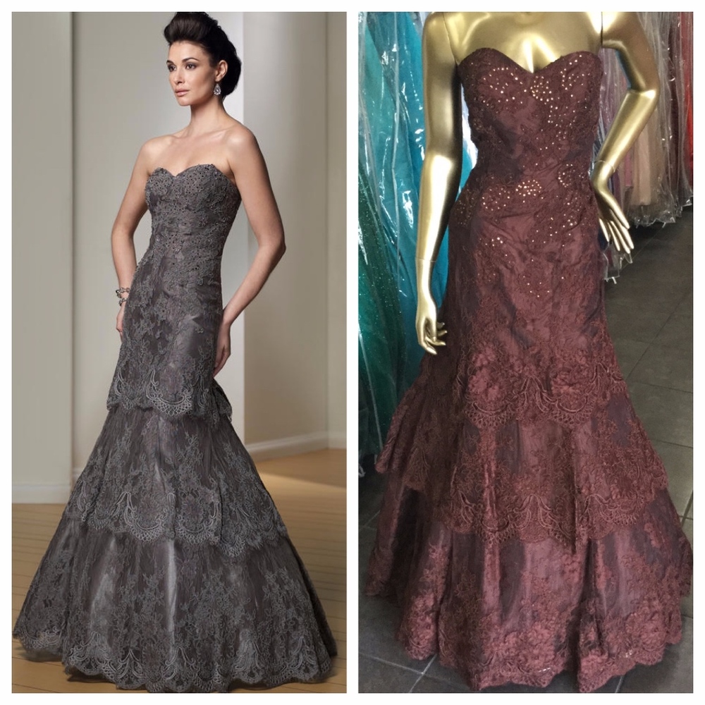 Tiered mermaid strapless lace gown in chocolate